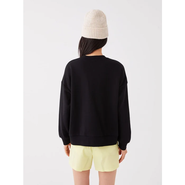 LCW Vision Siyah Bisiklet Yaka Baskılı Uzun Kollu Oversize Kadın Sweatshirt