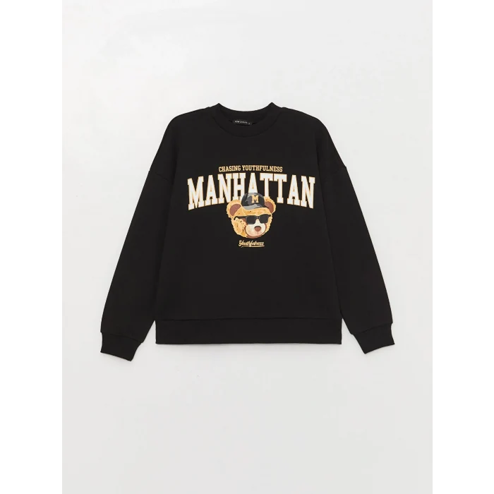 LCW Vision Siyah Bisiklet Yaka Baskılı Uzun Kollu Oversize Kadın Sweatshirt