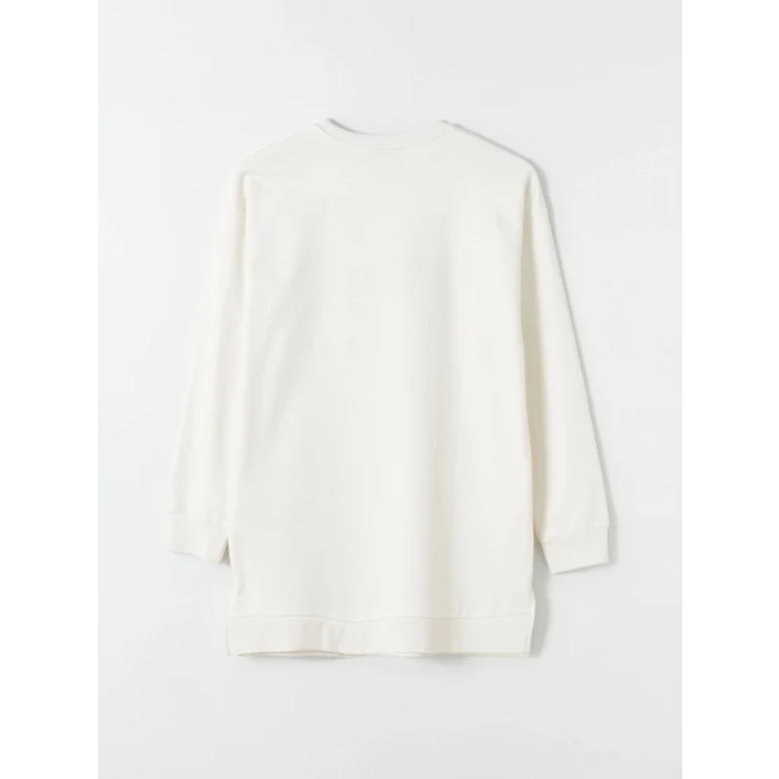 LCWAIKIKI Basic Ekru Bisiklet Yaka Baskılı Uzun Kollu Oversize Kadın Sweatshirt Tunik