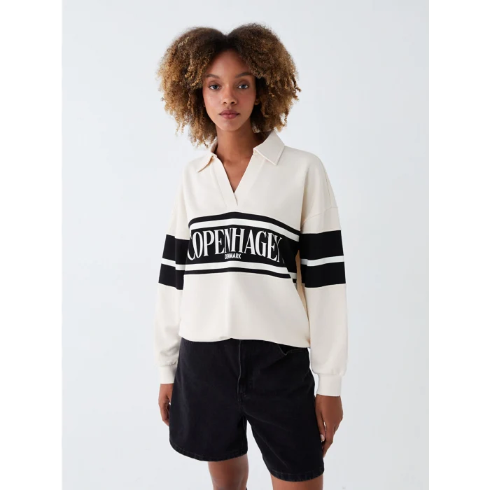LCW Vision Bej Polo Yaka Baskılı Oversize Kadın Sweatshirt