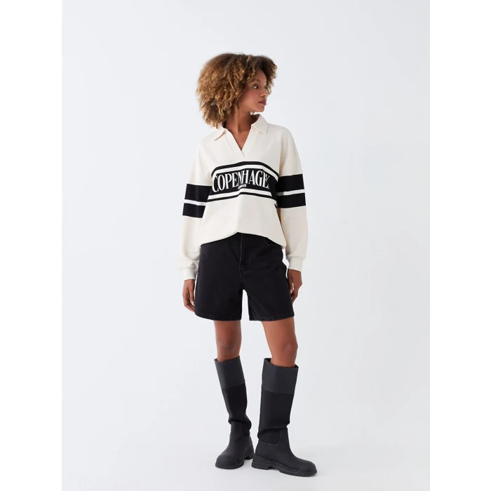 LCW Vision Bej Polo Yaka Baskılı Oversize Kadın Sweatshirt