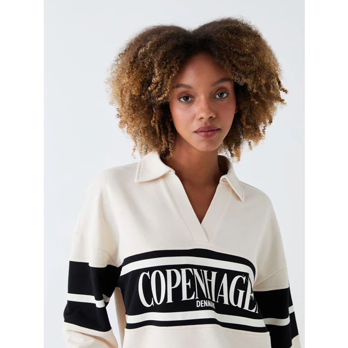 LCW Vision Bej Polo Yaka Baskılı Oversize Kadın Sweatshirt
