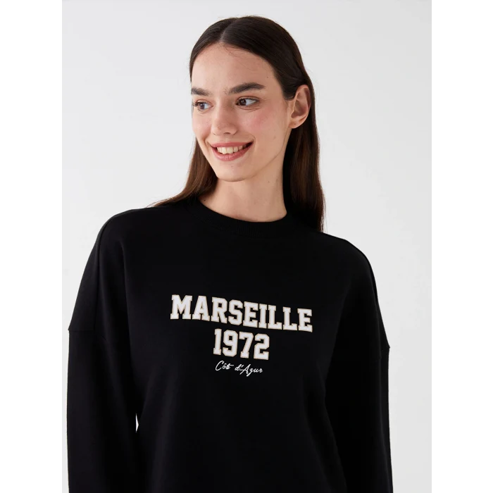 LCW Vision Siyah Bisiklet Yaka Baskılı Uzun Kollu Oversize Kadın Sweatshirt