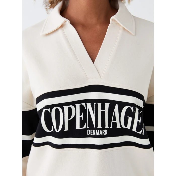 LCW Vision Bej Polo Yaka Baskılı Oversize Kadın Sweatshirt