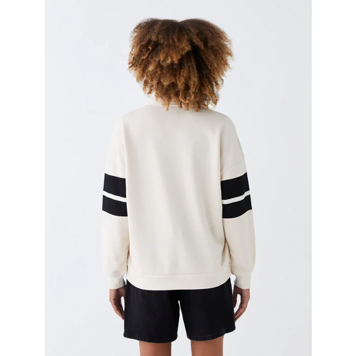 LCW Vision Bej Polo Yaka Baskılı Oversize Kadın Sweatshirt