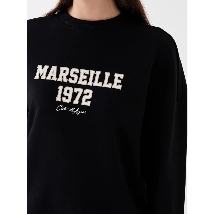 LCW Vision Siyah Bisiklet Yaka Baskılı Uzun Kollu Oversize Kadın Sweatshirt