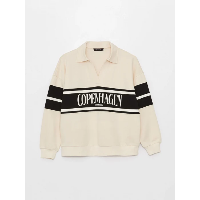 LCW Vision Bej Polo Yaka Baskılı Oversize Kadın Sweatshirt