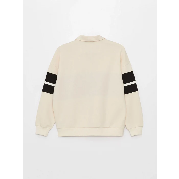 LCW Vision Bej Polo Yaka Baskılı Oversize Kadın Sweatshirt