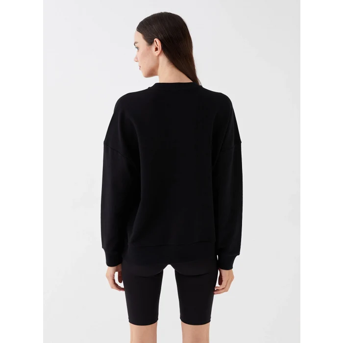 LCW Vision Siyah Bisiklet Yaka Baskılı Uzun Kollu Oversize Kadın Sweatshirt
