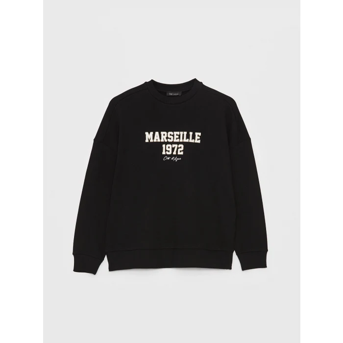 LCW Vision Siyah Bisiklet Yaka Baskılı Uzun Kollu Oversize Kadın Sweatshirt