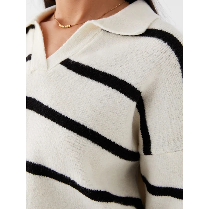 LCW Vision Beyaz Polo Yaka Çizgili Oversize Kadın Triko Kazak