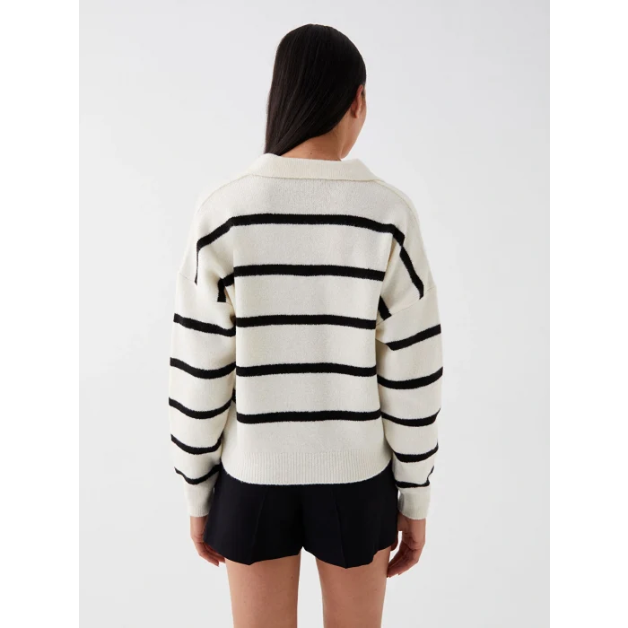 LCW Vision Beyaz Polo Yaka Çizgili Oversize Kadın Triko Kazak