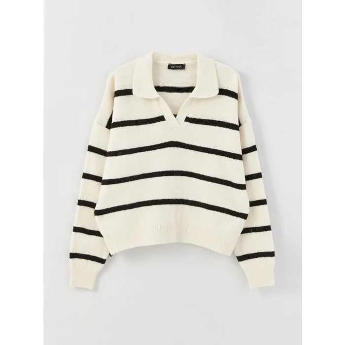 LCW Vision Beyaz Polo Yaka Çizgili Oversize Kadın Triko Kazak