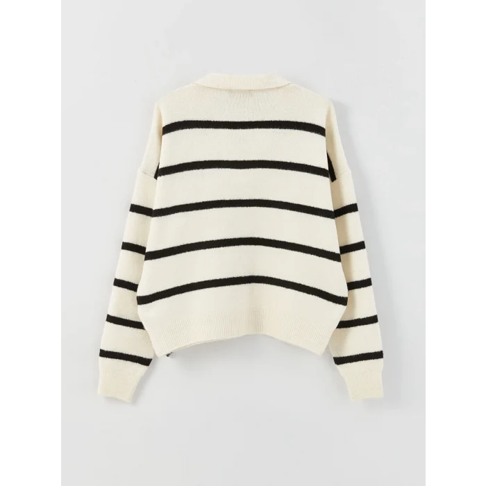 LCW Vision Beyaz Polo Yaka Çizgili Oversize Kadın Triko Kazak