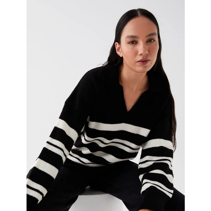 LCW Vision Beyaz Polo Yaka Çizgili Oversize Kadın Triko Kazak