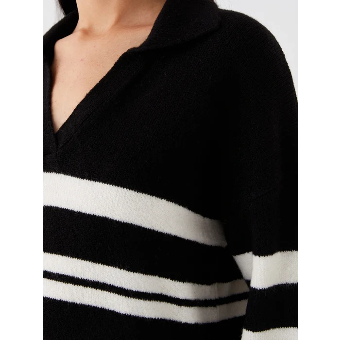 LCW Vision Beyaz Polo Yaka Çizgili Oversize Kadın Triko Kazak