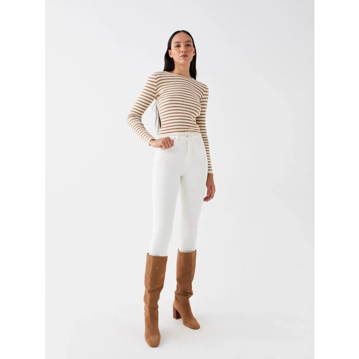LCW Vision Bej Bisiklet Yaka Çizgili Uzun Kollu Kadın Triko Kazak