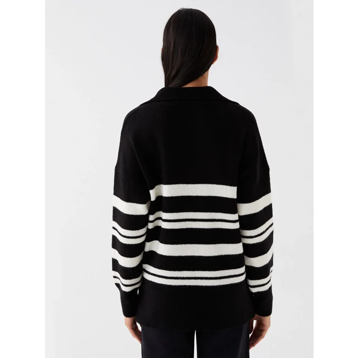 LCW Vision Beyaz Polo Yaka Çizgili Oversize Kadın Triko Kazak