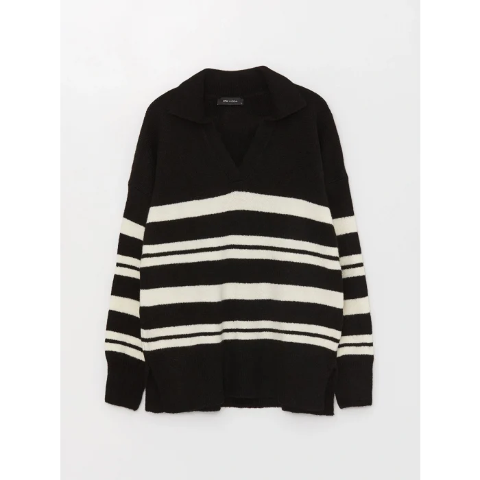 LCW Vision Beyaz Polo Yaka Çizgili Oversize Kadın Triko Kazak