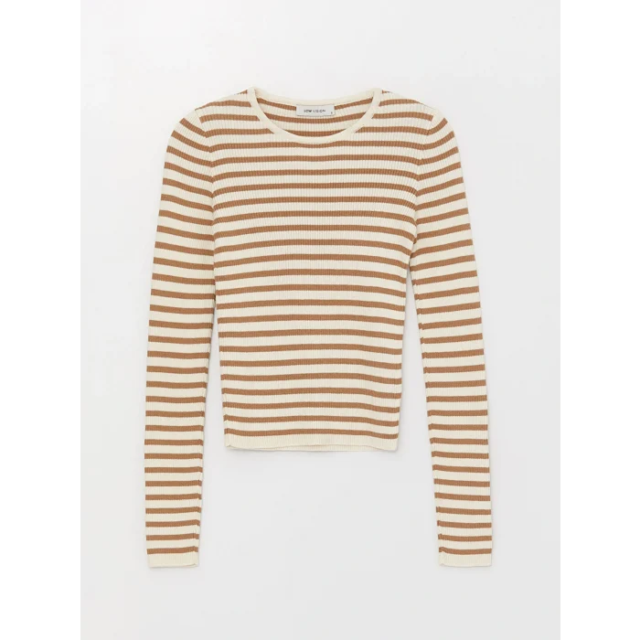 LCW Vision Bej Bisiklet Yaka Çizgili Uzun Kollu Kadın Triko Kazak