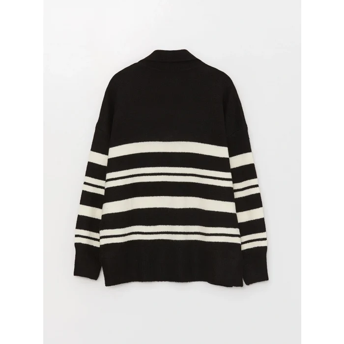 LCW Vision Beyaz Polo Yaka Çizgili Oversize Kadın Triko Kazak