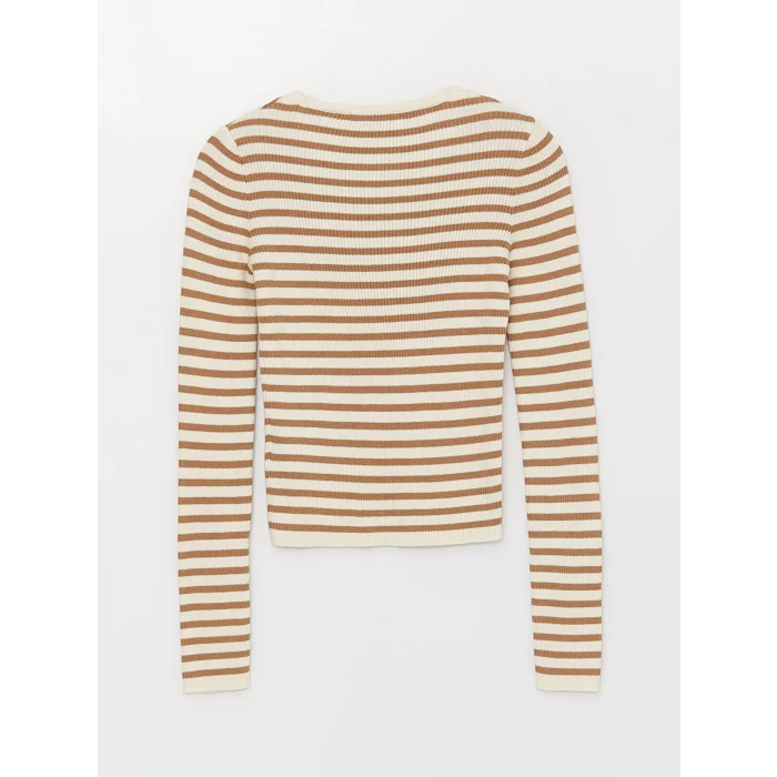 LCW Vision Bej Bisiklet Yaka Çizgili Uzun Kollu Kadın Triko Kazak