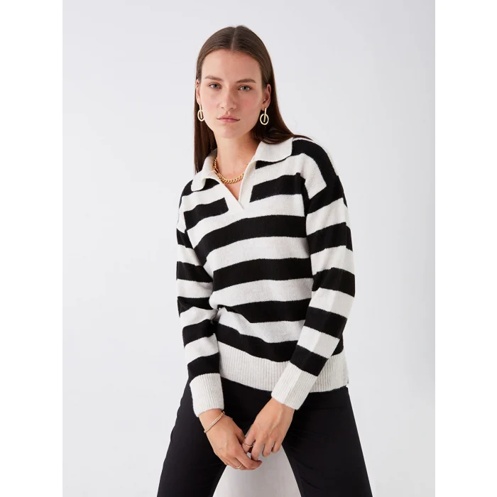 LCWAIKIKI Basic Siyah Polo Yaka Renk Bloklu Oversize Kadın Triko Kazak