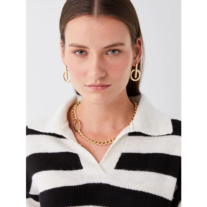 LCWAIKIKI Basic Siyah Polo Yaka Renk Bloklu Oversize Kadın Triko Kazak