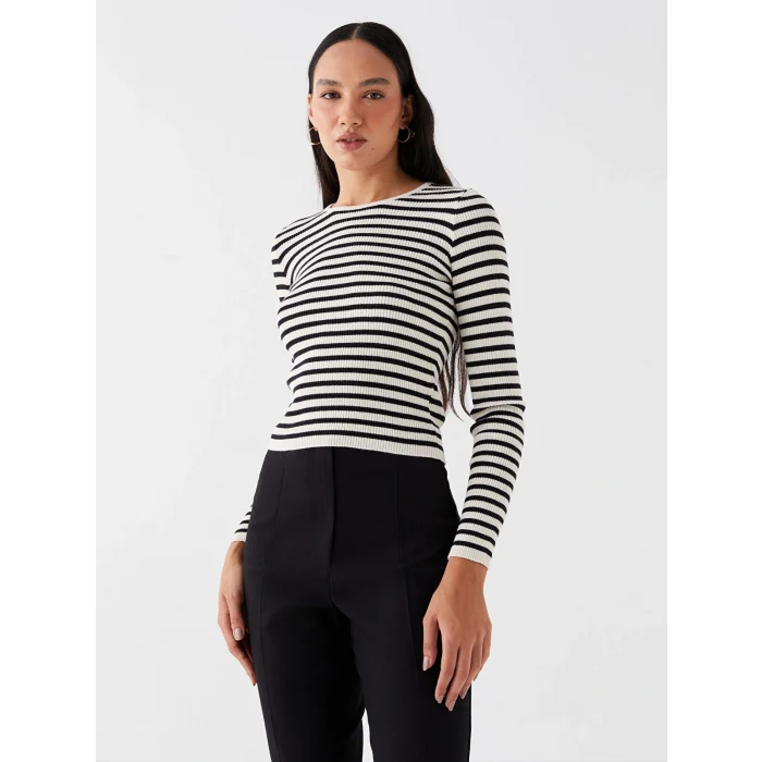 LCW Vision Siyah Bisiklet Yaka Çizgili Uzun Kollu Kadın Triko Kazak