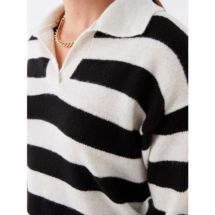 LCWAIKIKI Basic Siyah Polo Yaka Renk Bloklu Oversize Kadın Triko Kazak