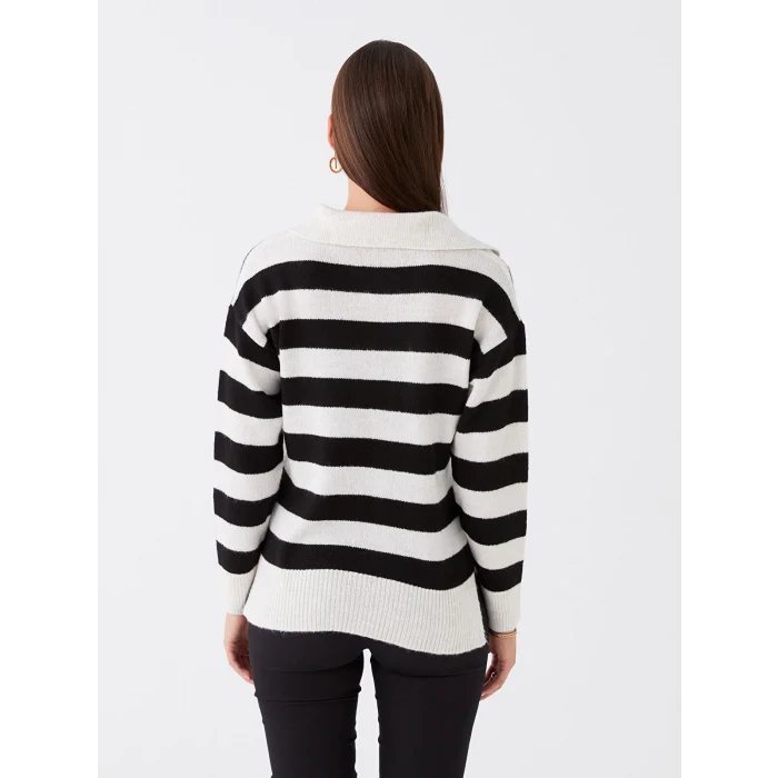 LCWAIKIKI Basic Siyah Polo Yaka Renk Bloklu Oversize Kadın Triko Kazak