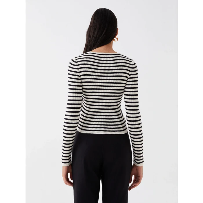 LCW Vision Siyah Bisiklet Yaka Çizgili Uzun Kollu Kadın Triko Kazak