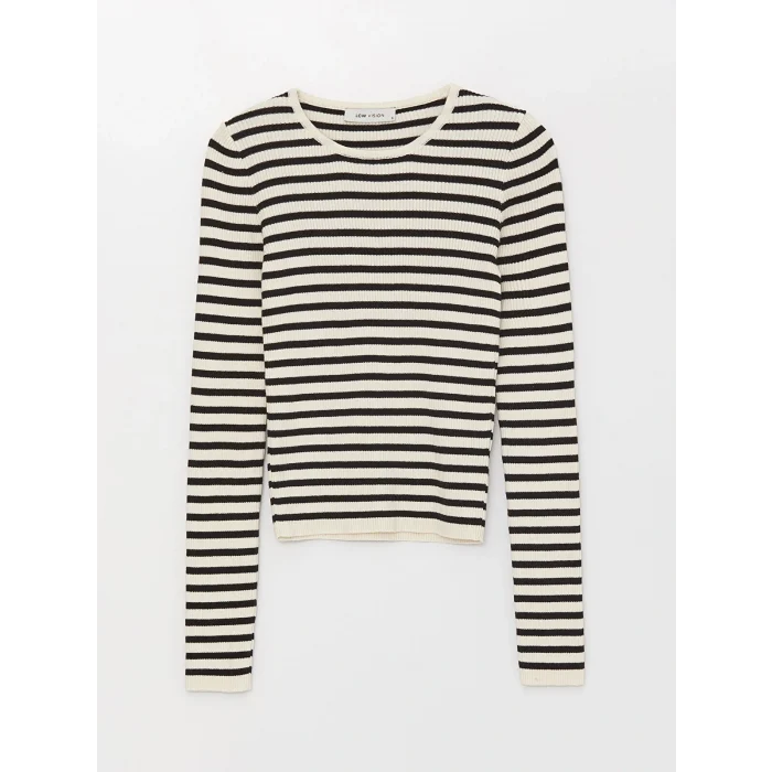 LCW Vision Siyah Bisiklet Yaka Çizgili Uzun Kollu Kadın Triko Kazak