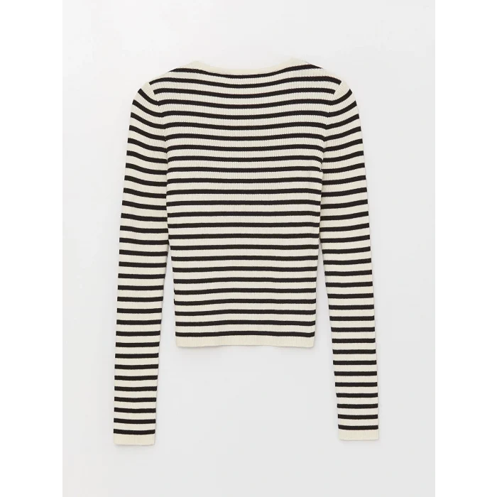 LCW Vision Siyah Bisiklet Yaka Çizgili Uzun Kollu Kadın Triko Kazak