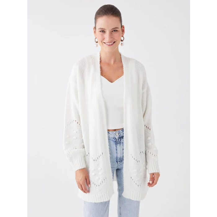 LCWAIKIKI Classic Ekru Şal Yaka Ajurlu Uzun Kollu Kadın Triko Hırka