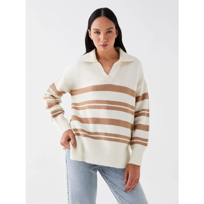LCW Vision Bej Polo Yaka Çizgili Oversize Kadın Triko Kazak