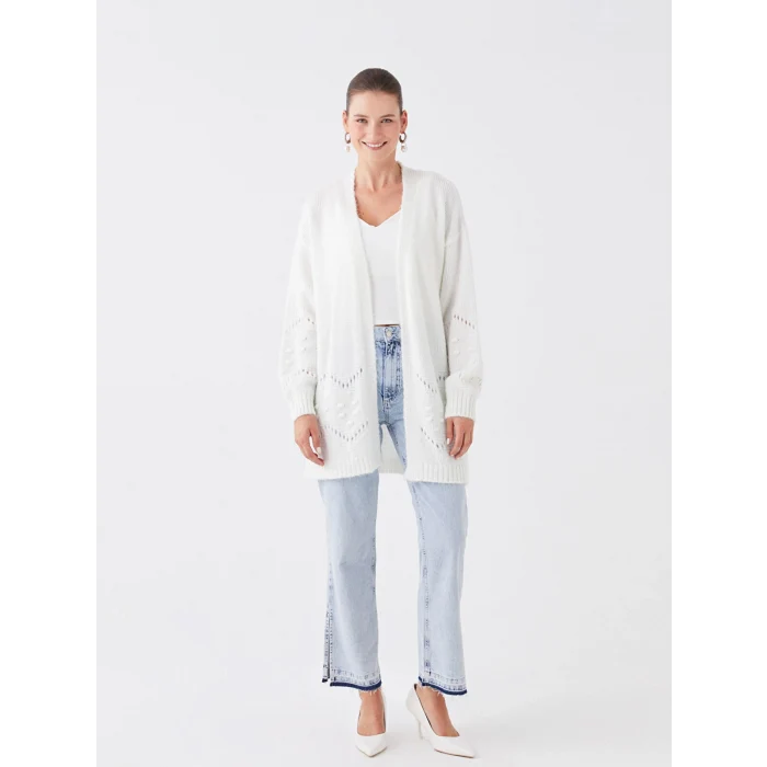 LCWAIKIKI Classic Ekru Şal Yaka Ajurlu Uzun Kollu Kadın Triko Hırka