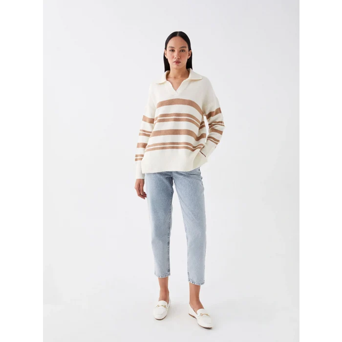 LCW Vision Bej Polo Yaka Çizgili Oversize Kadın Triko Kazak