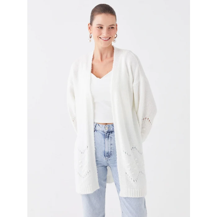 LCWAIKIKI Classic Ekru Şal Yaka Ajurlu Uzun Kollu Kadın Triko Hırka