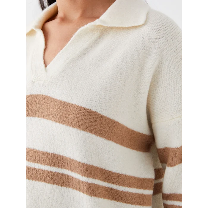 LCW Vision Bej Polo Yaka Çizgili Oversize Kadın Triko Kazak