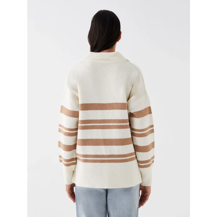LCW Vision Bej Polo Yaka Çizgili Oversize Kadın Triko Kazak