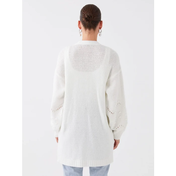 LCWAIKIKI Classic Ekru Şal Yaka Ajurlu Uzun Kollu Kadın Triko Hırka