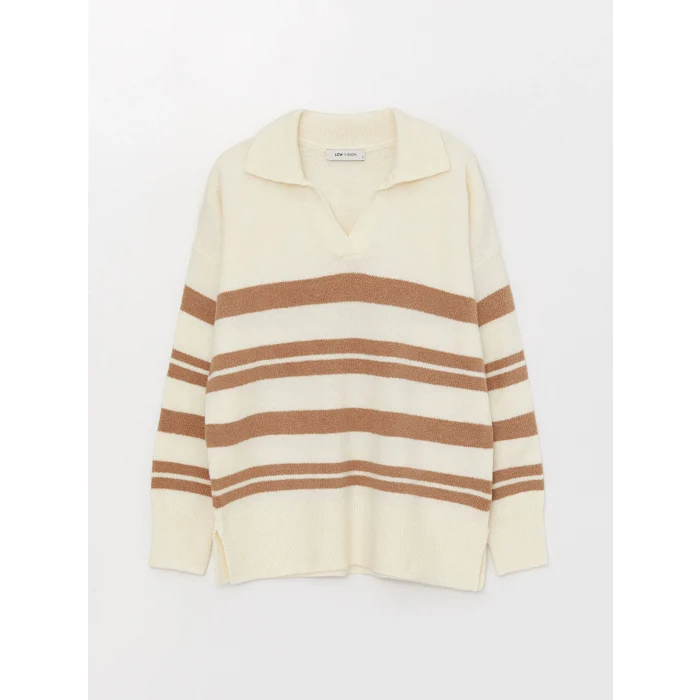 LCW Vision Bej Polo Yaka Çizgili Oversize Kadın Triko Kazak