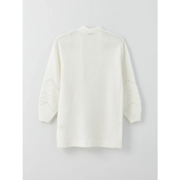 LCWAIKIKI Classic Ekru Şal Yaka Ajurlu Uzun Kollu Kadın Triko Hırka