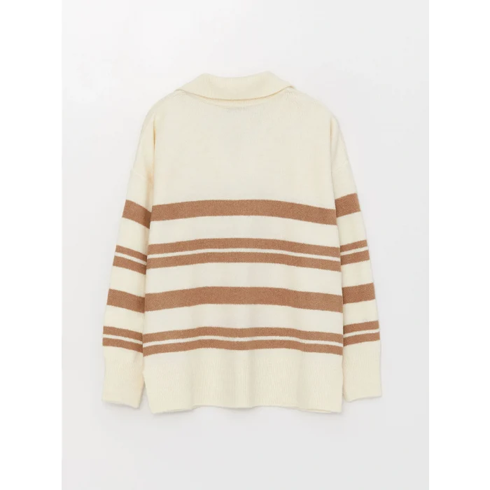 LCW Vision Bej Polo Yaka Çizgili Oversize Kadın Triko Kazak