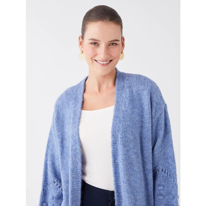 LCWAIKIKI Classic Mavi Şal Yaka Ajurlu Uzun Kollu Kadın Triko Hırka