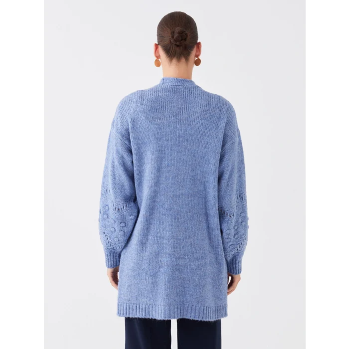 LCWAIKIKI Classic Mavi Şal Yaka Ajurlu Uzun Kollu Kadın Triko Hırka