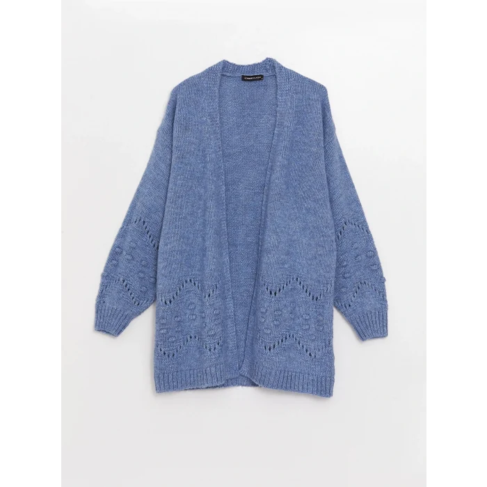 LCWAIKIKI Classic Mavi Şal Yaka Ajurlu Uzun Kollu Kadın Triko Hırka