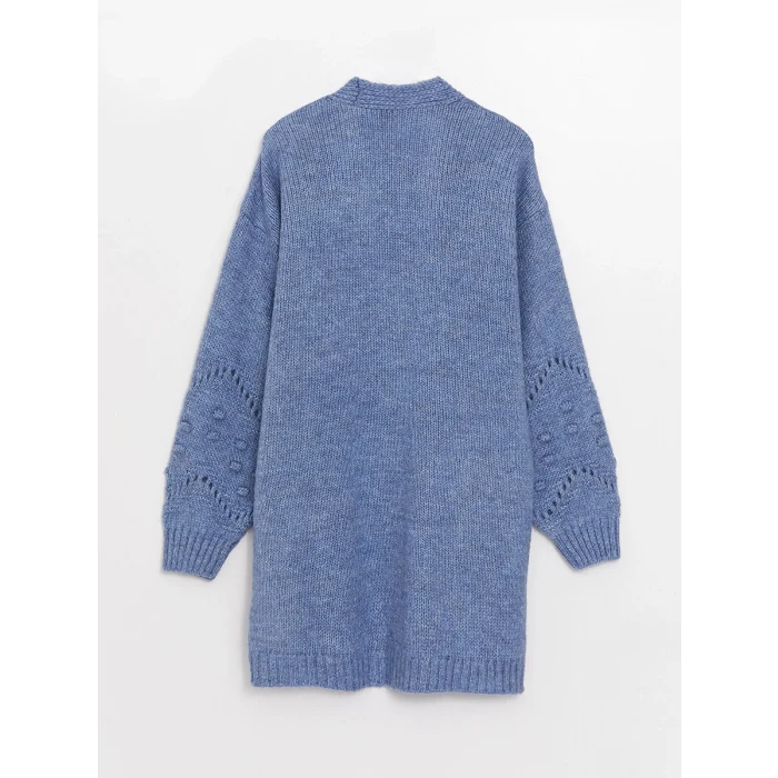 LCWAIKIKI Classic Mavi Şal Yaka Ajurlu Uzun Kollu Kadın Triko Hırka