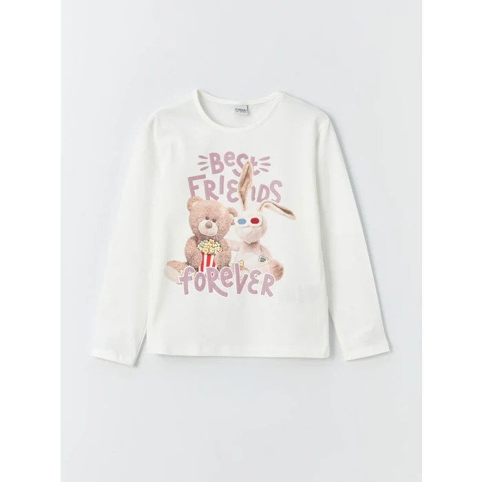 LCW Kids Ekru Bisiklet Yaka Baskılı Uzun Kollu Kız Çocuk Tişört